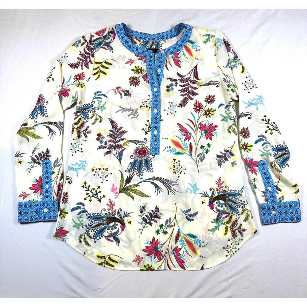 Talbots Womens Floral‎ Botanical Tunic Blouse Ivory Blue Long Sleeve Small